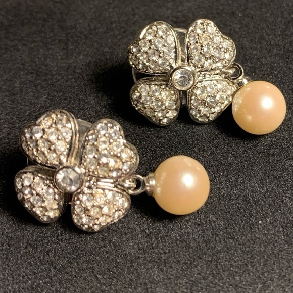 Diamond Encrusted Four Leaf Clover Earrings Set in Silver w/ Pearl Drop Pierced - Picture 2 of 9